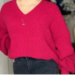 Free People V-Neck Sweater in Vibrant Pink
